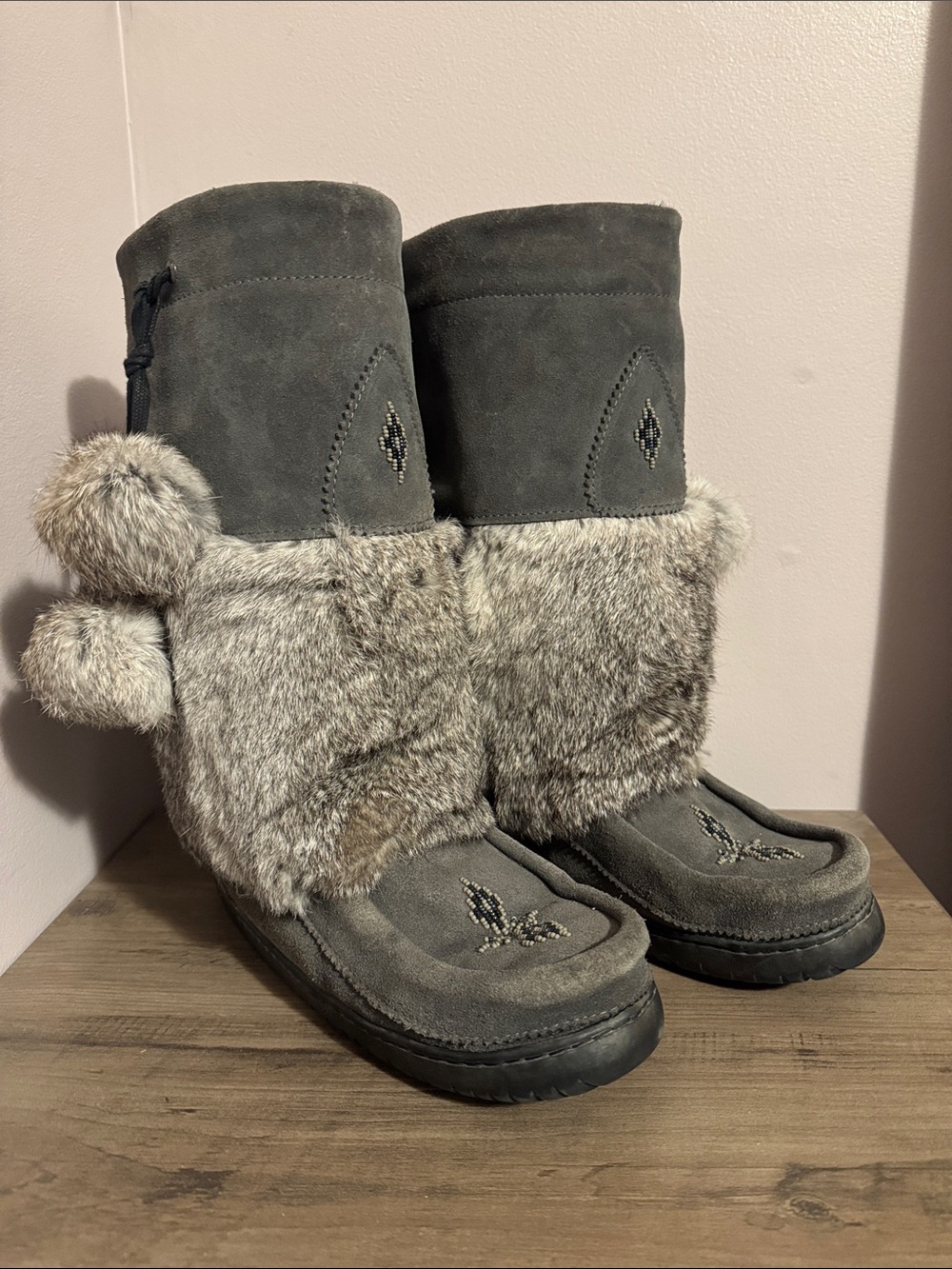 Manitobah Mukluks Women's Grey Fur Winter Boots - Suede Pull-On Style